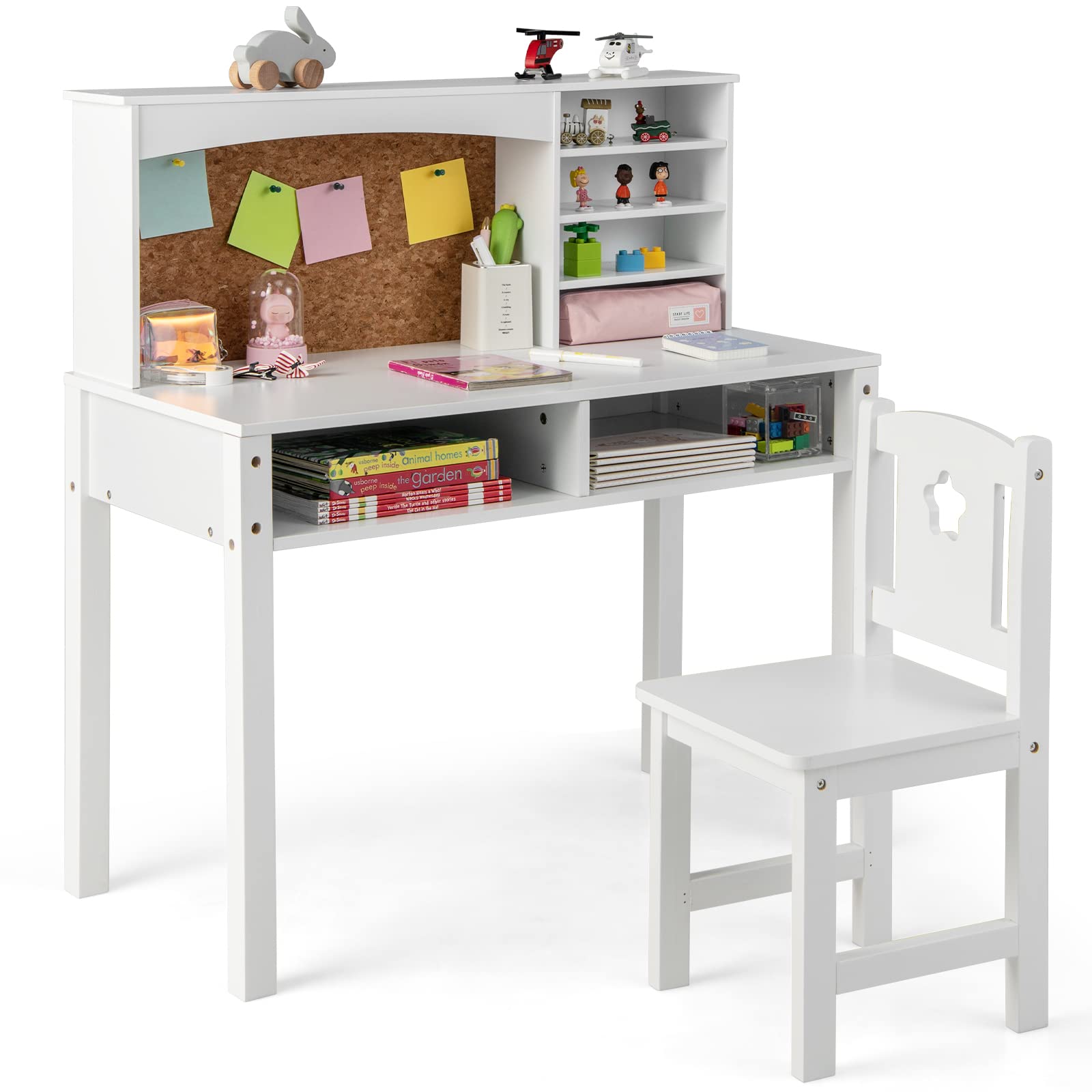 Costzon Kids Desk and Chair Set, Student Study Table with Chair, Hutch, Cork Bulletin Board, Storage Shelves