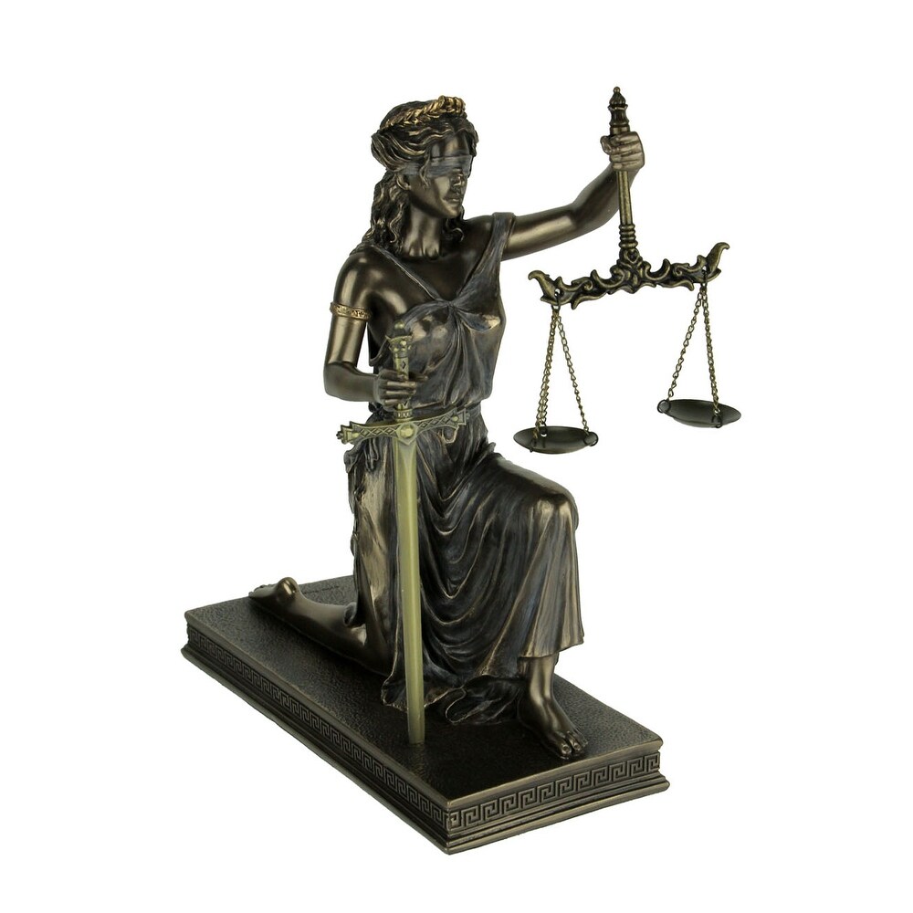 Bronze Lady Justice Holding Balance Scales And Sword Resin Statue   9.5 X 8 X 4 inches