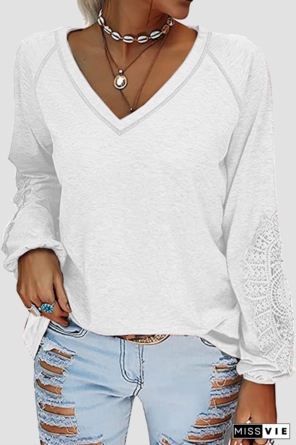 Casual Solid Lace Split Joint V Neck T-Shirts