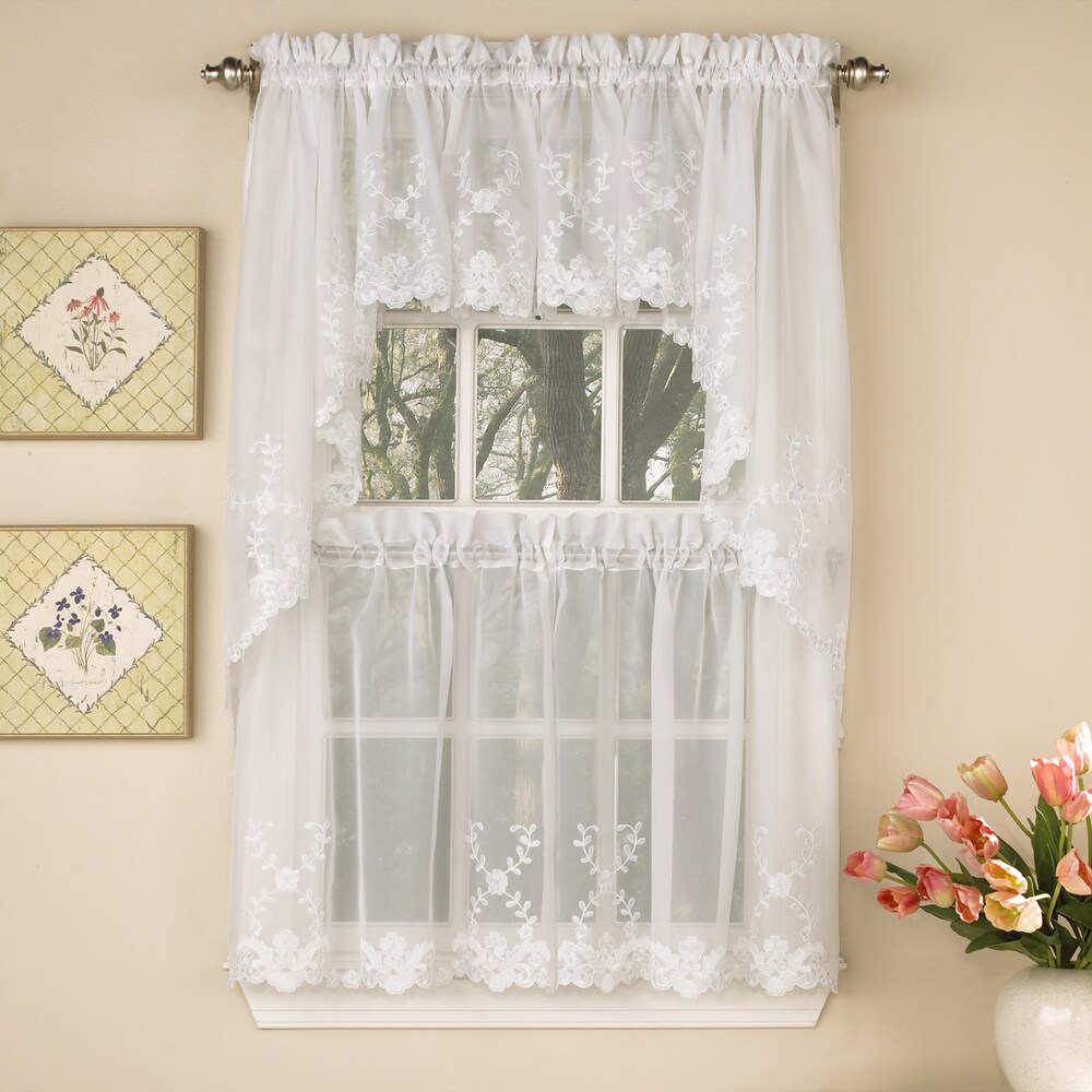 Sheer Voile Embroidered Scrolling Floral Leaf Pattern Window Curtain Pieces   Tiers  Valance and Swag Pair Options