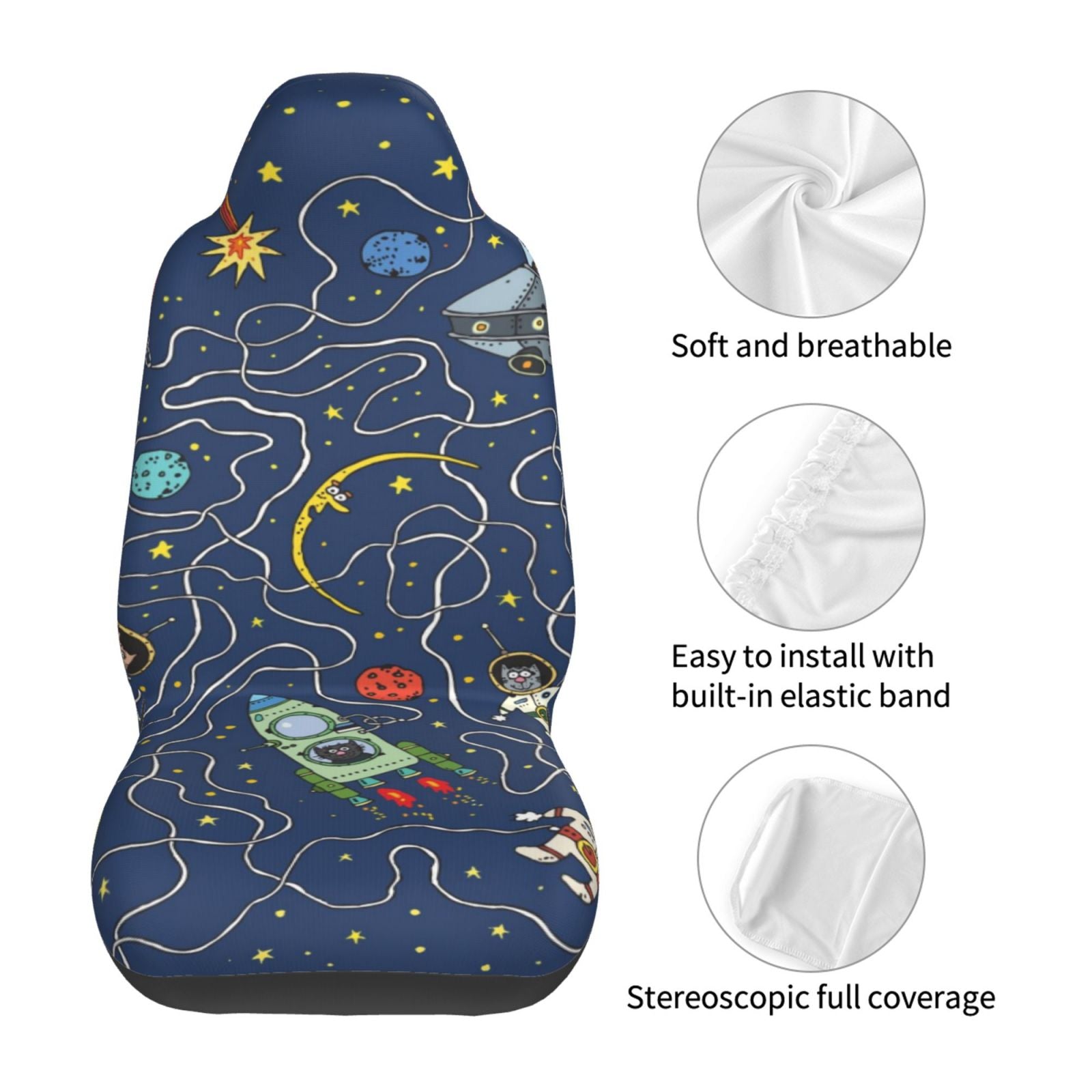 TEQUAN Front Seat Covers， Space Astronaut Cat Rocket Pattern 2 Piece Car Seat Cover Fit Most Car SUV Truck Van