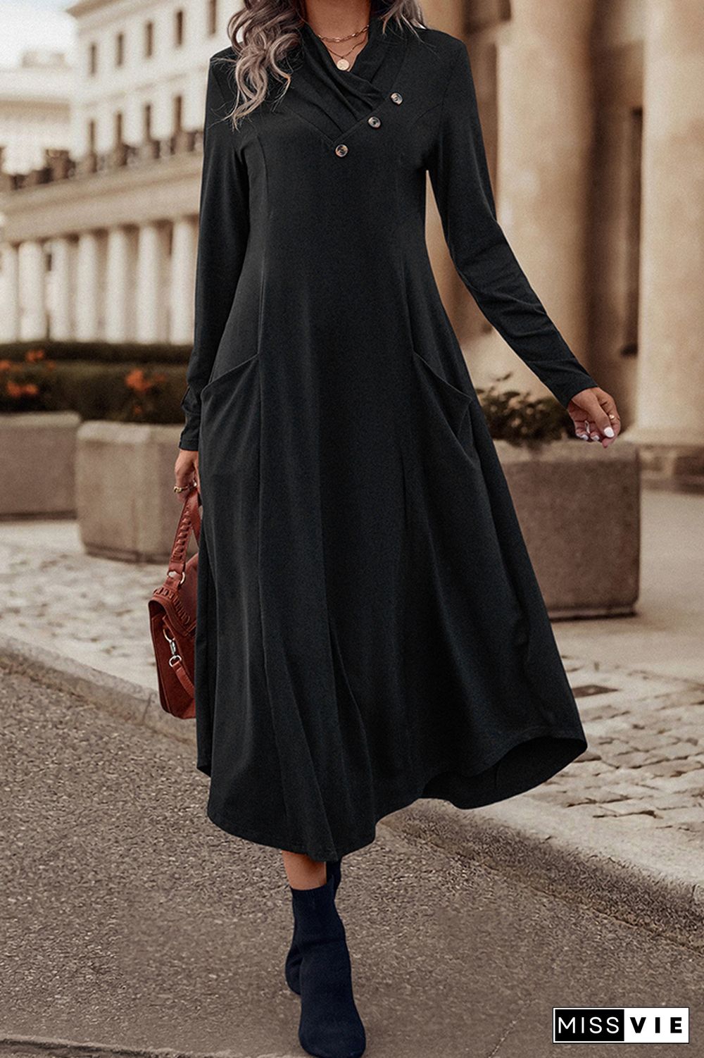 Black Ruched Buttoned Ruffle Long Dress