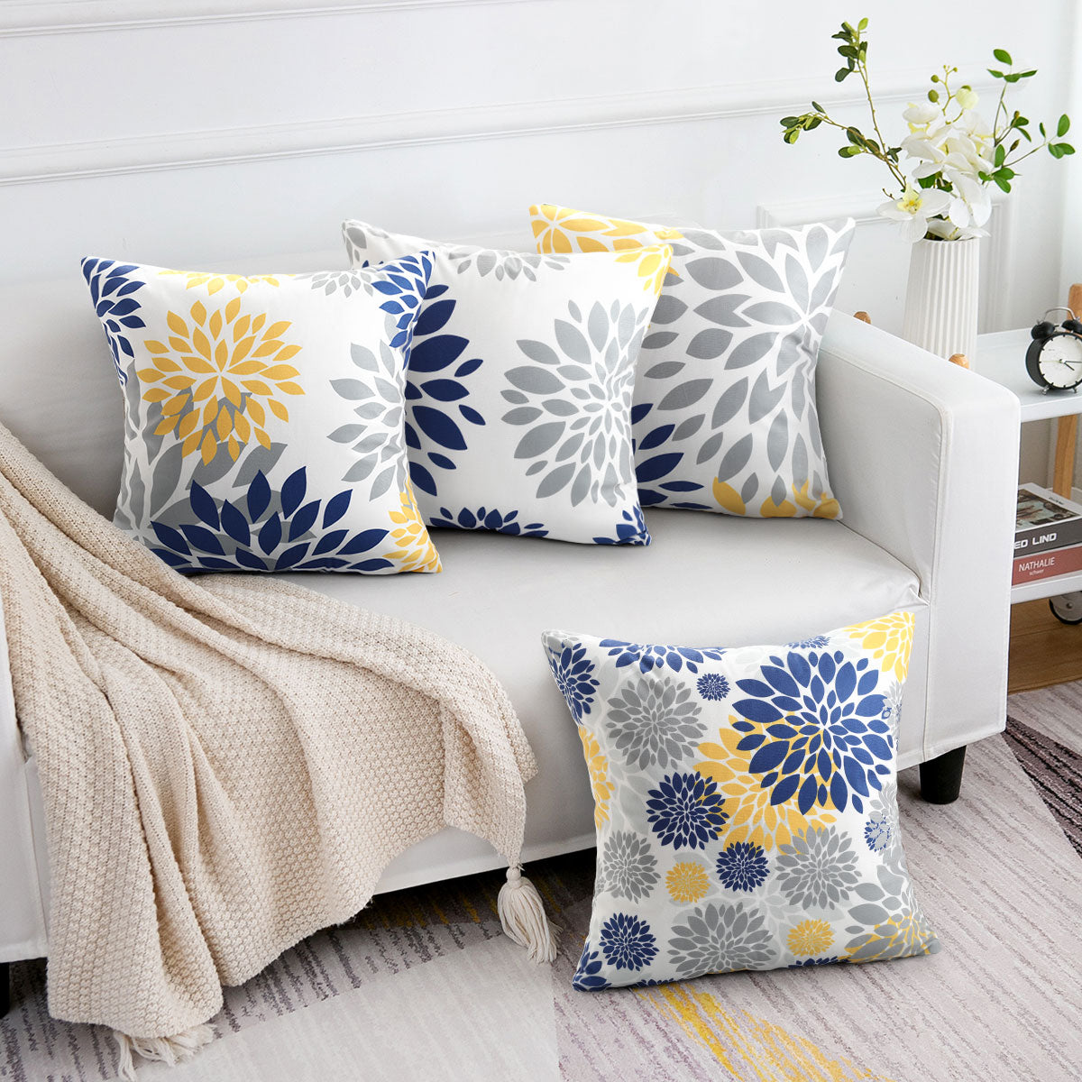 Throw Pillow Covers 18x18 Set of 4 Decorative Throw Pillow Case Cushion Cover Velvet Modern Cozy Square Cushion Case Set for Couch Living Room Farmhouse Outdoor Home Decoration(Yellow Flower Pattern)