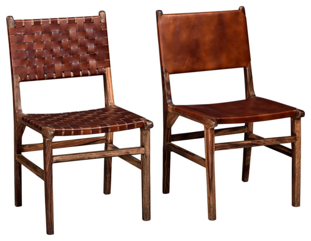 Benzara BM286399 Set of 2 Wood Dining Chairs  Leather Woven Back  ampSeat  Brown   Transitional   Dining Chairs   by Uber Bazaar  Houzz