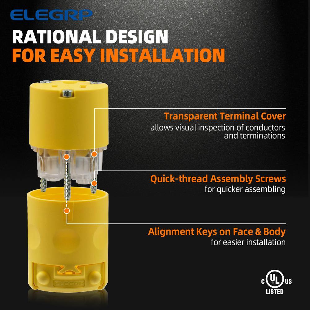 ELEGRP Straight Blade Plug and Connector Set 15 Amp 125 Volt NEMA 5-15P NEMA 5-15R 2 Pole 3 Wire Grounding Yellow (1 Set) EPC31-0701