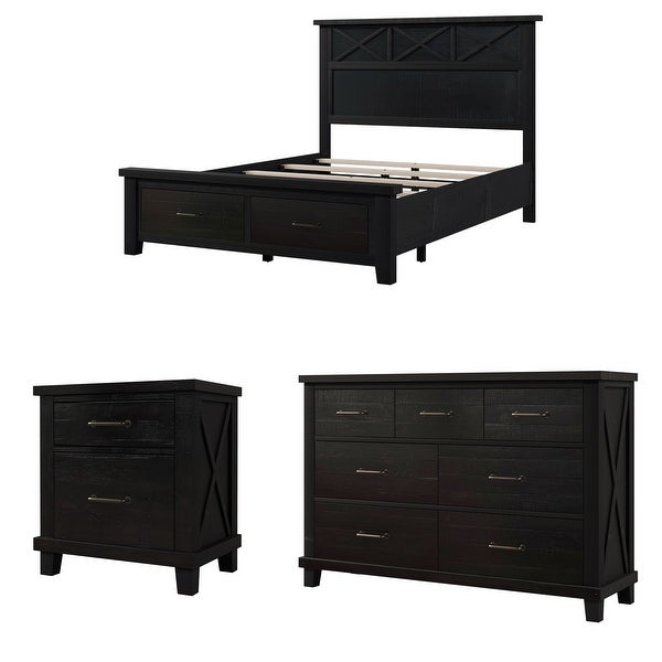 3 Pieces Bedroom Sets Queen Bed with 2 Drawers， Nightstand and Dresser - - 37970672