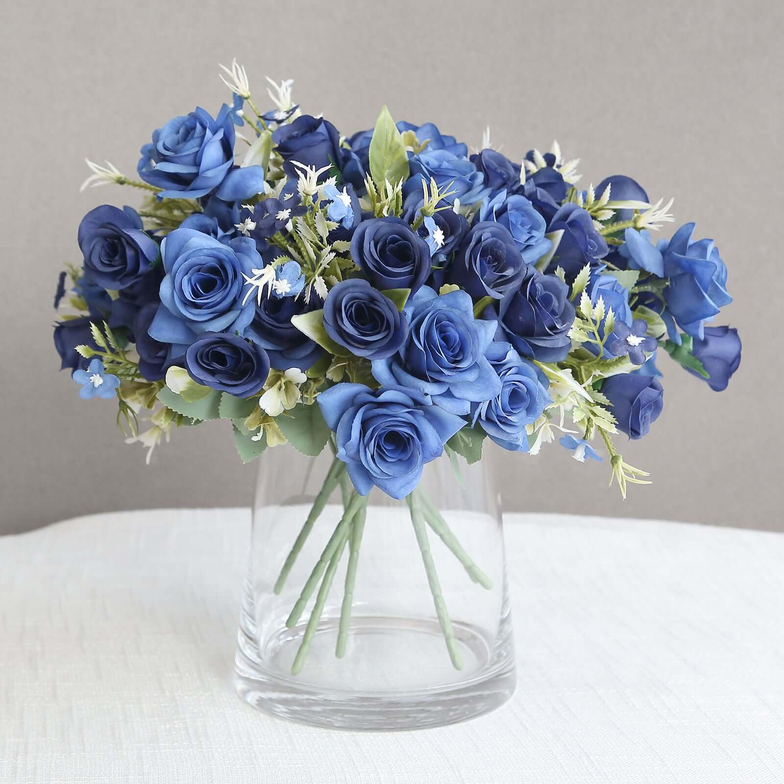 4 Bushes Navy Blue Real Touch Artificial Silk Rose Bridal Bouquet, Faux Flowers 12