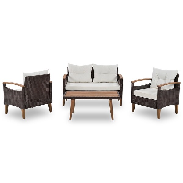 4-Piece Garden Furniture， Patio Conversation Sets， PE Rattan Outdoor Sofa Seating Set with Wood Table and Adjustable Legs Design - Overstock - 37503676