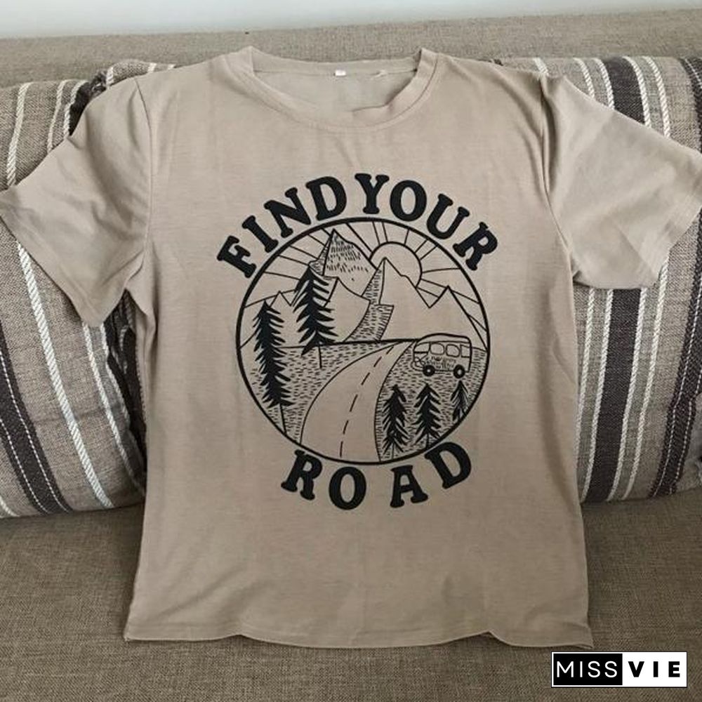 Women Short Sleeve Find Your Road Print O-Neck T-Shirt Casual Fashion Light Khaki Tops Tee