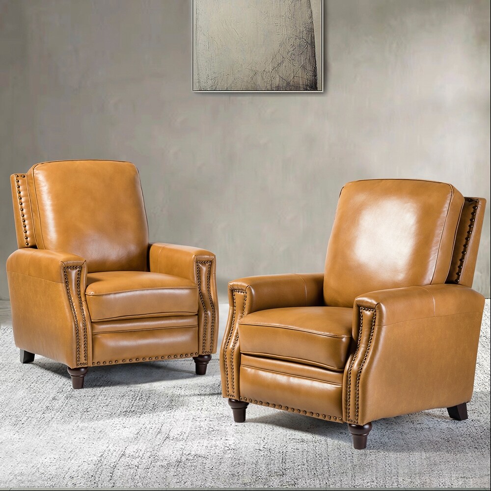 Cigar Mid century Genuine Leather Recliner with Nailhead Trim Set of 2 by HULALA HOME