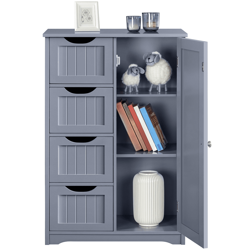 Topeakmart Wooden Floor Cabinet Bathroom Storage Cabinet with 4 Drawers, Gray