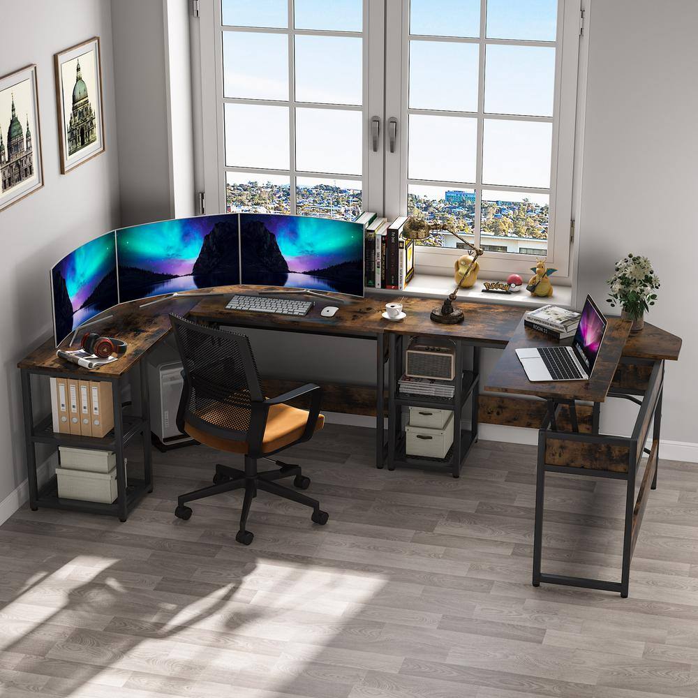 Tribesigns Lantz 59 in. L Shaped Rustic Brown Wood and Metal Computer Standing Desk with Lift Top and Storage Shelves TJHD-QP-1273