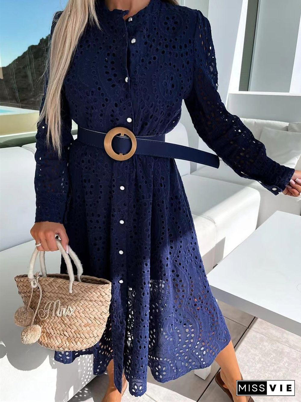 Casual Lace Round Neck Belt Long Dress Women White Dresses