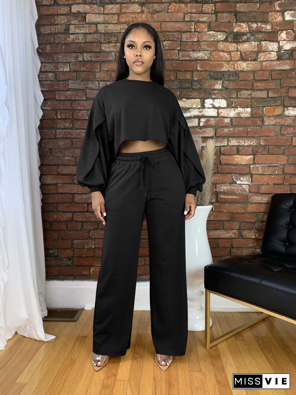 Long Sleeve Crop Top Drawstring Wide Leg Pants Set