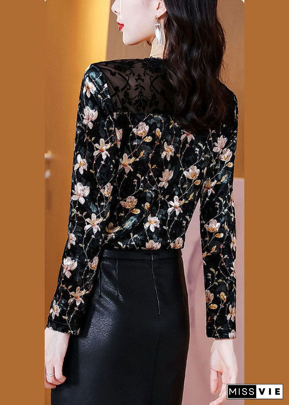 Elegant Black Hollow Out Patchwork Lace Print Silk Velour Shirt Tops Spring