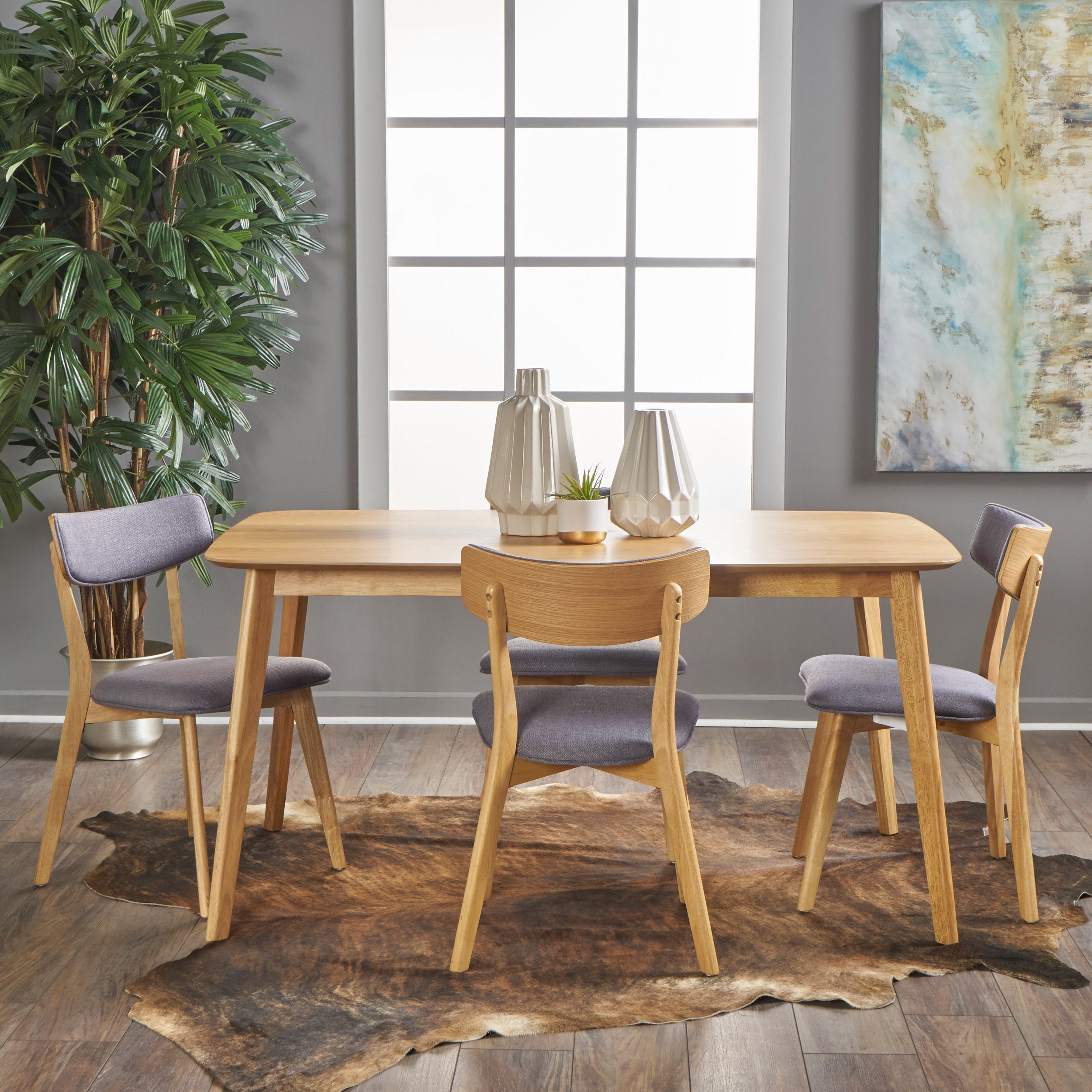 Aman Mid Century Natural Oak Finished 5 PC Dining Set