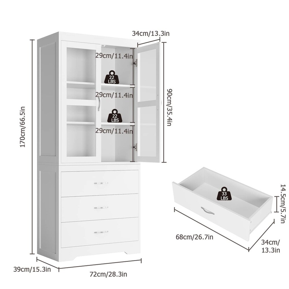 Kitchen Pantry Cabinet  Tall Storage Cabinet with 2 Doors  Modern Kitchen Cupboard Floor Cabinet with 3 Shelves   3 Drawers