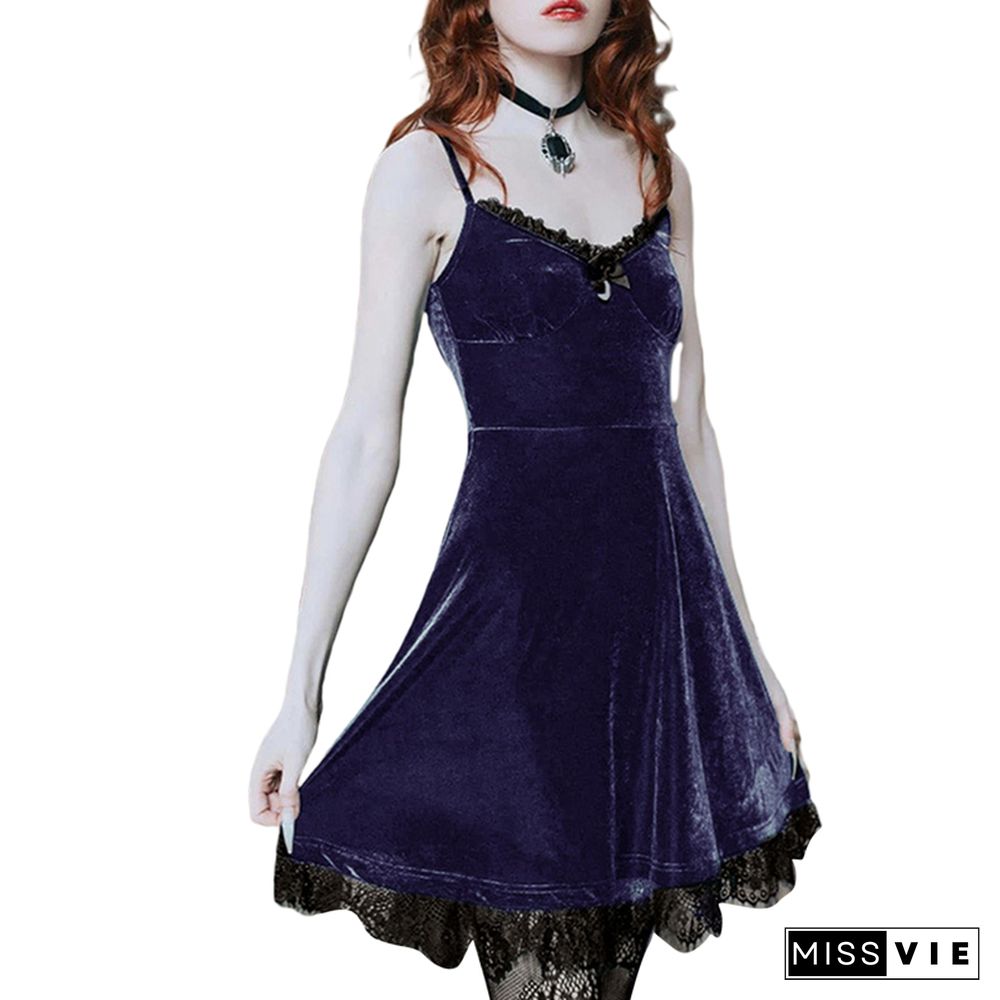 Y2k Goth Dark Academia Dress Women Solid Color V-neck Suspender A-line Lace Trim Party Dress Anime Aesthetic Clothes