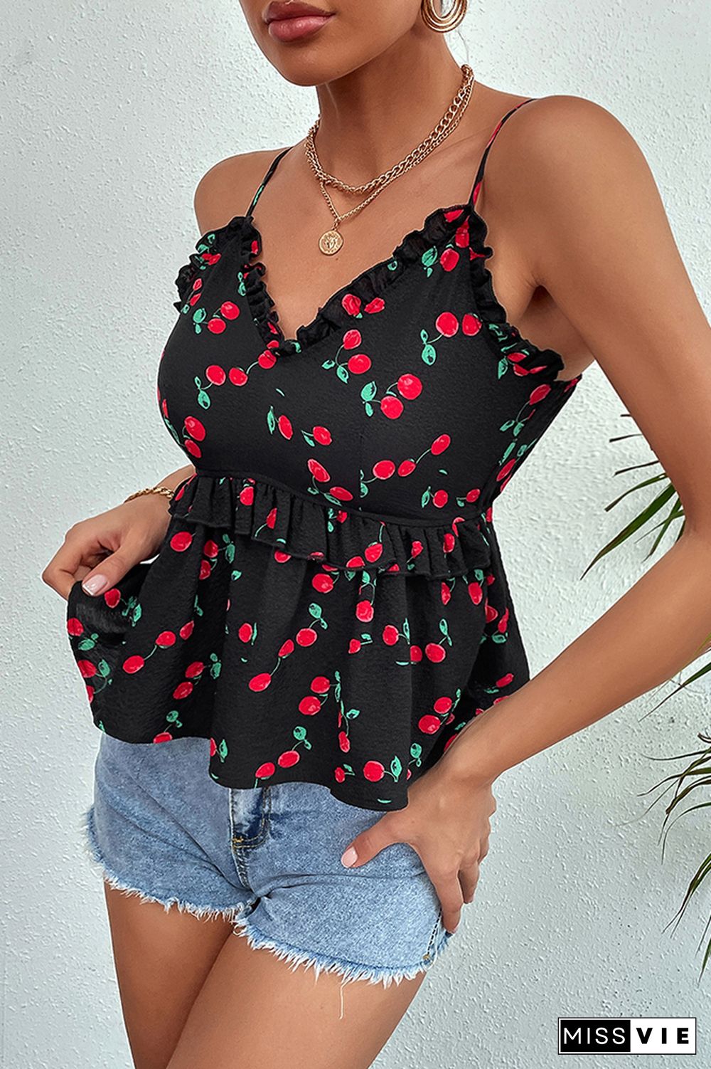 Sleeveless Nipped Waist Cherry Print Camisole Top Wholesale