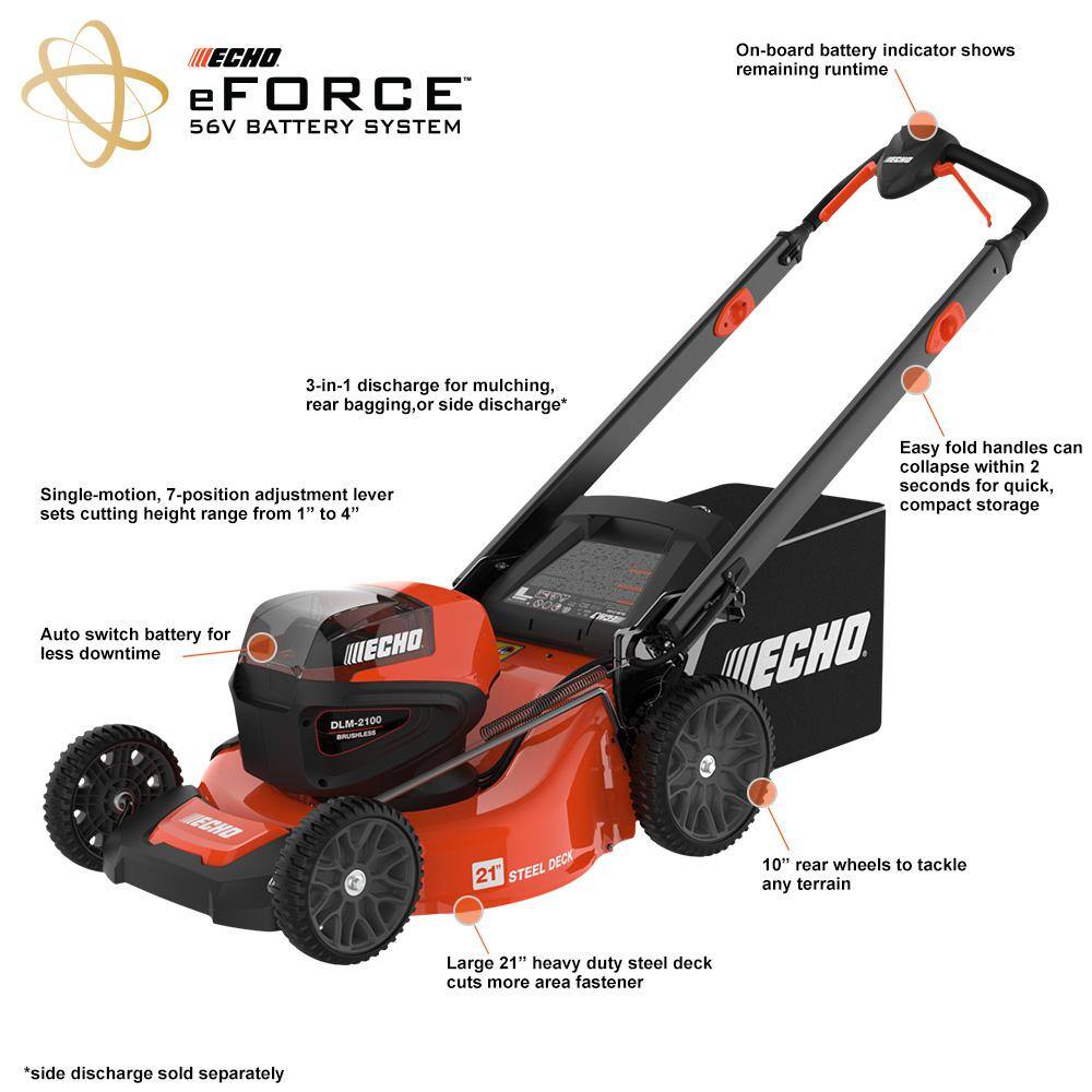 ECHO eFORCE 21 in. 56-Volt Cordless Battery Walk Behind Push Lawn Mower Tool Only DLM-2100BT