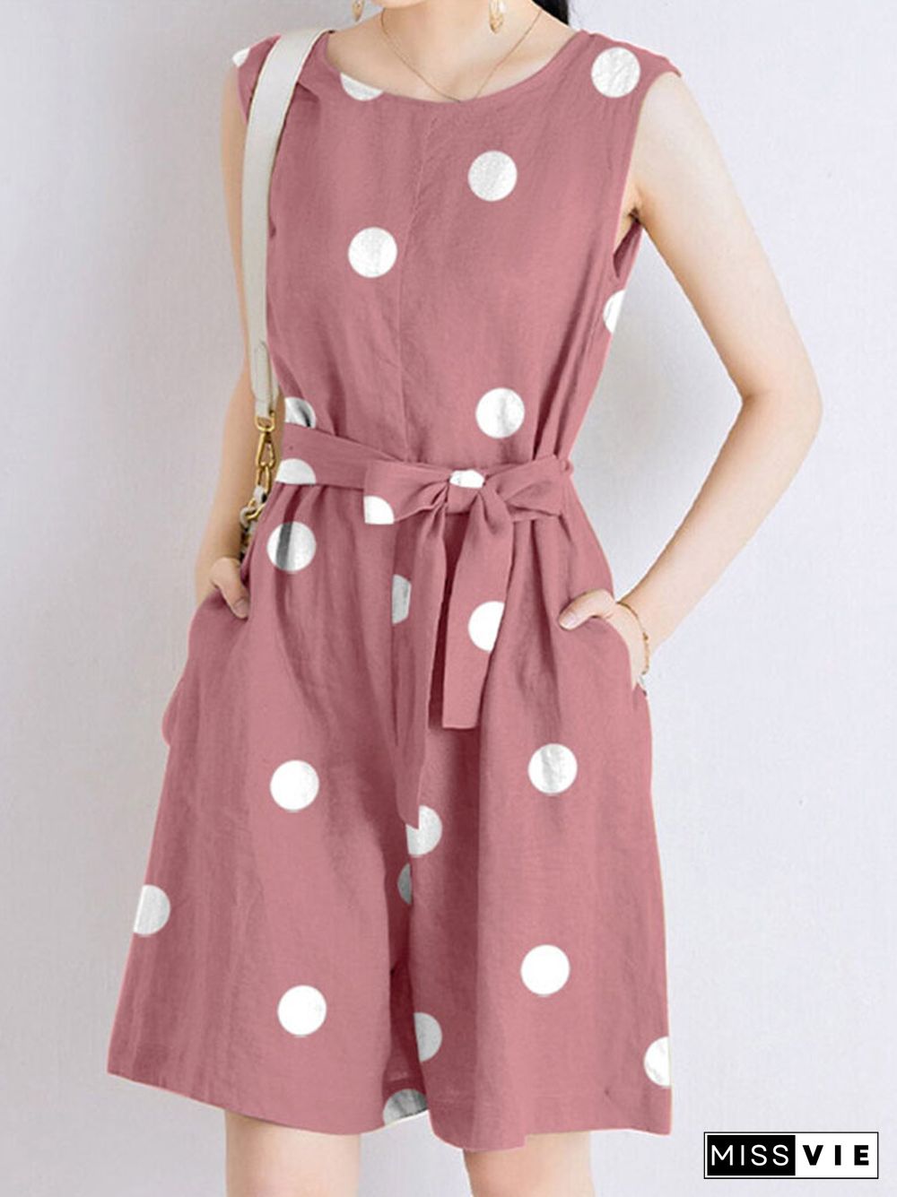 Dot Print Pocket Sleeveless Casual Romper With Belt