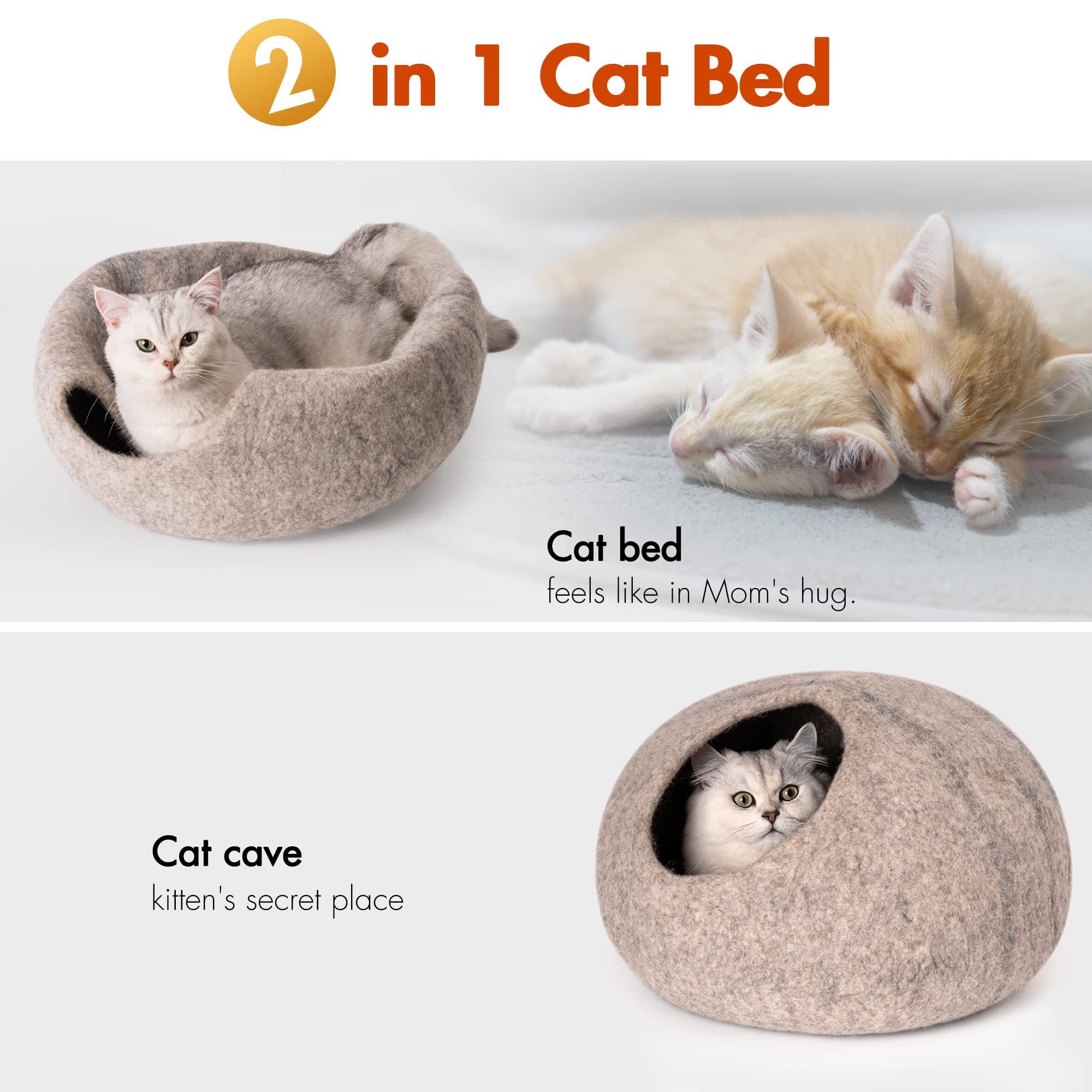 Mewoofun Medium Cat Cave Bed，Handmade Wool Cat House，Felt Cat Caves for Indoor Cats and Kittens，Grey