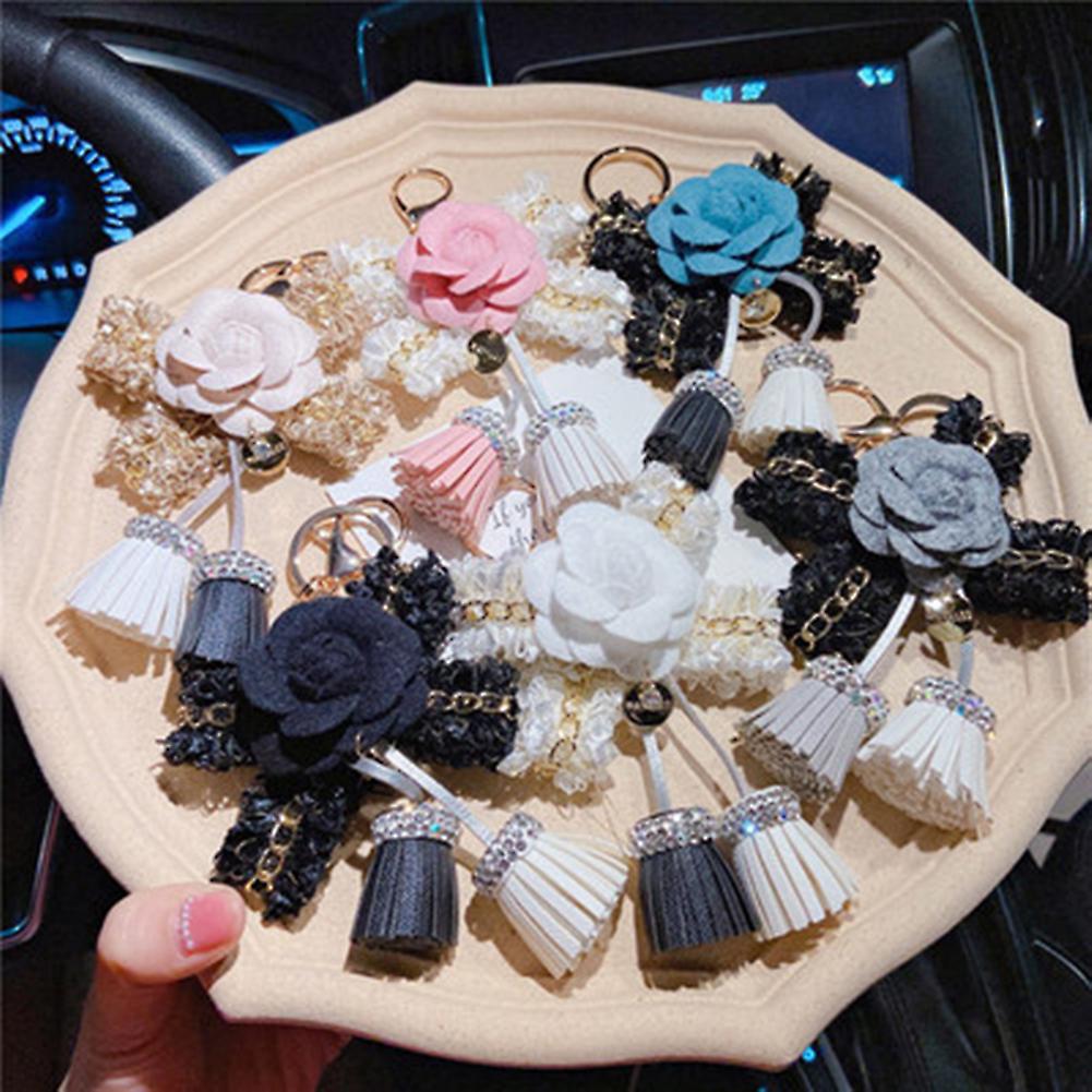 Camellia Creative Flower Tassel Keychain Cute Girl Car Key Chain For Pendant Handbag Wallet Ornament For Birthday Anniversary Girls Gifts Khaki