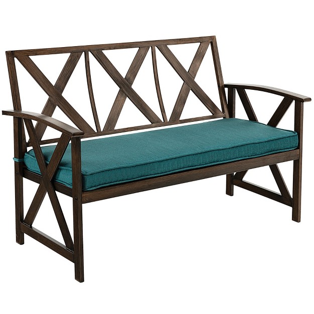 Outdoor Garden Bench Cushioned Patio Chair With Wood Grain Steel Frame