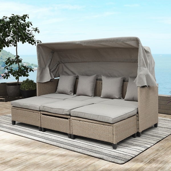 4 Pcs Resin Wicker Patio Sofa Set w/ Retractable Canopy，Lifting Table - Overstock - 35899923