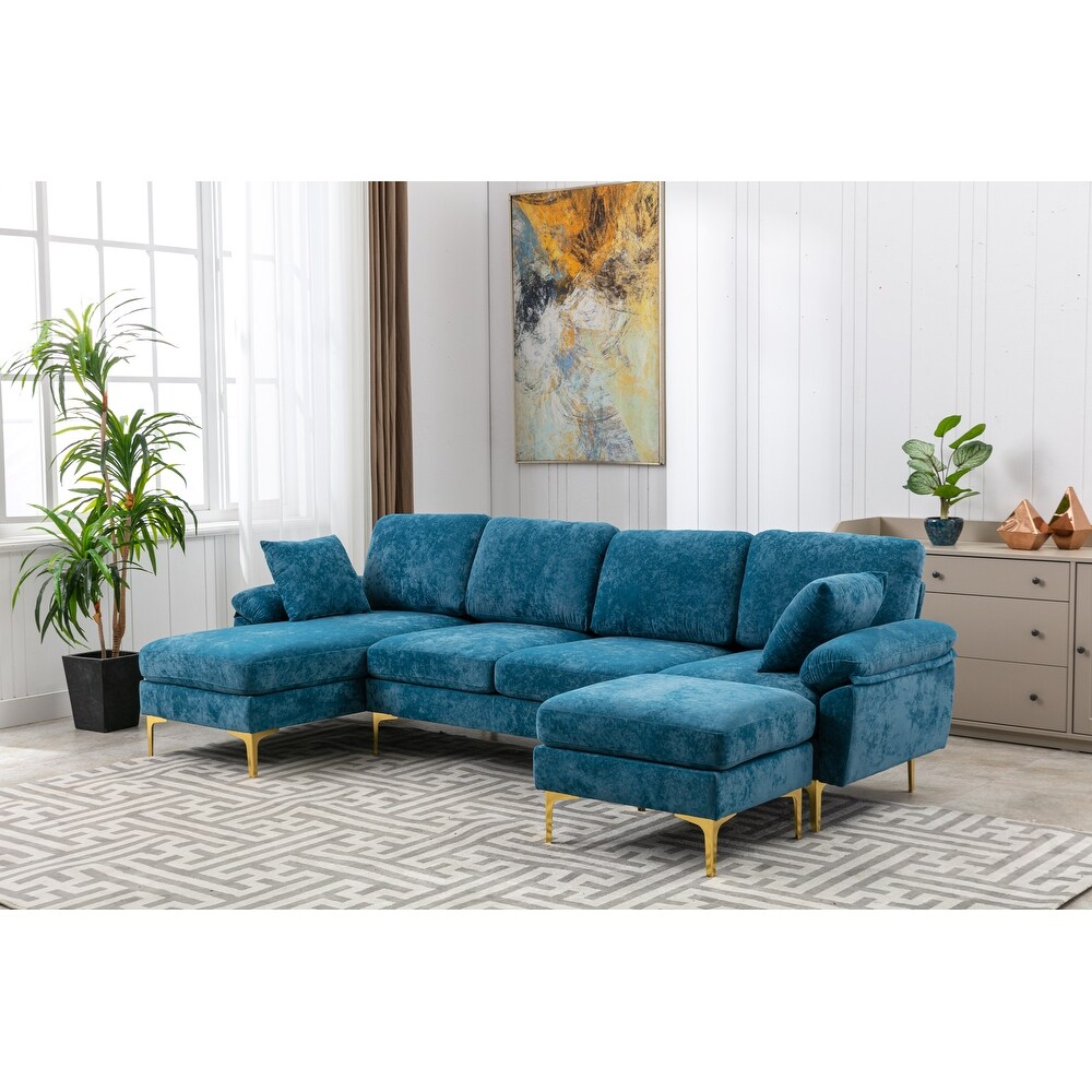 Chenille Sectional Sofas Set U shaped Modular Sofa Removable Recline Couch with Memory Foam Ottomans for Livingroom  Teal Blue