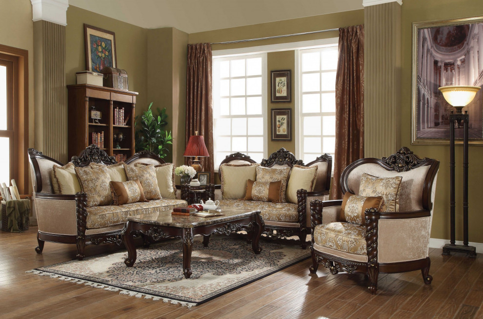 38 quotX 68 quotX 48 quotFabric Dark Walnut Upholstery Wood Legtrim Loveseat W4 Pillows   Victorian   Loveseats   by HomeRoots  Houzz