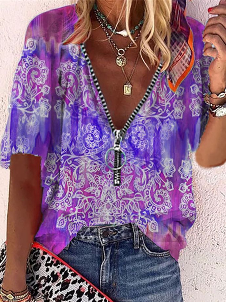 V-neck Zip Ethnic Print Short Sleeve Blouse