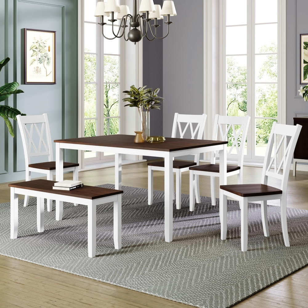 Classic Farmhouse 6 Piece Wooden Dining Set with Rectangular Dining Table and Cross Back Chairs   Bench  for Dining Room