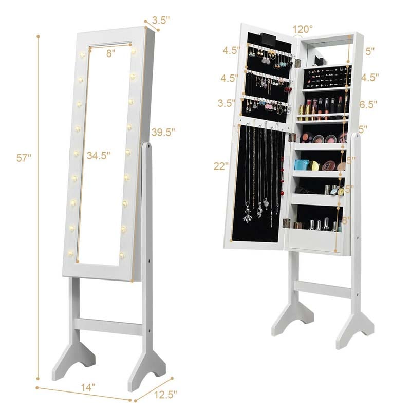 18 LEDs Large Standing Jewelry Armoire Cabinet Makeup Mirror with Full-Length Mirror 16 Lipstick Holder