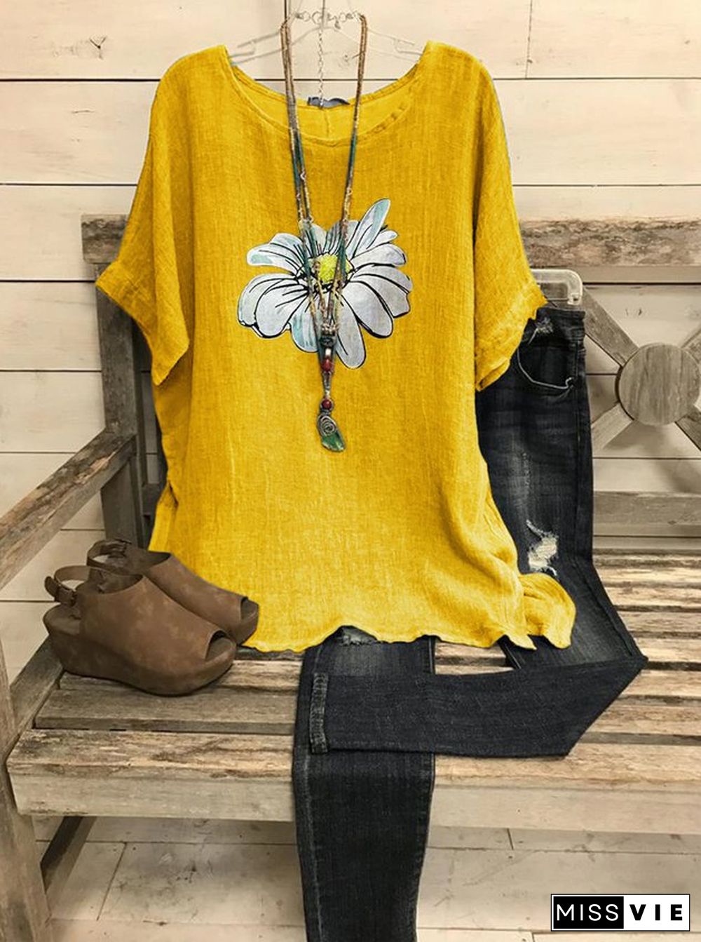 Summer Scoop Neck Casual Loose Daisy Printed T-Shirt