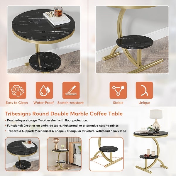 2-Tier Round Sofa Side Table， Faux Marble End Table， 20'' Beside Table with Storage Shelf，C-Shaped Base Metal Legs