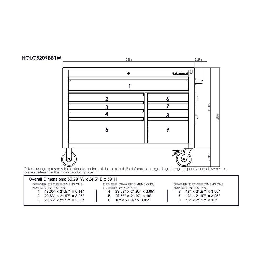 Husky 52 in. W x 25 in. D Heavy Duty 9-Drawer Mobile Workbench Cabinet with Adjustable-Height Hardwood Top in Matte Black HOLC5209BB1M