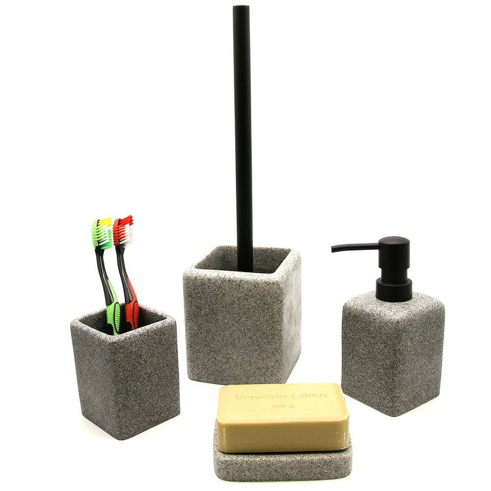 4-Pieces Bath Accessory Set with Soap Pump Tumbler Soap Dish and Toilet Brush Holder in Grey Granite Polyresin SET4GRANITE6194