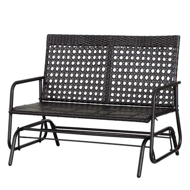 Outsunny Patio 2 person Wicker Glider Bench Rocking Chair Outdoor All hand Woven Pe Rattan Loveseat For Patio Garden Porch Lawn Black