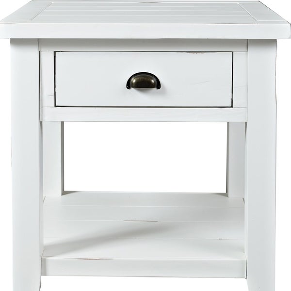 Wooden End Table with Open Shelf， Weathered White