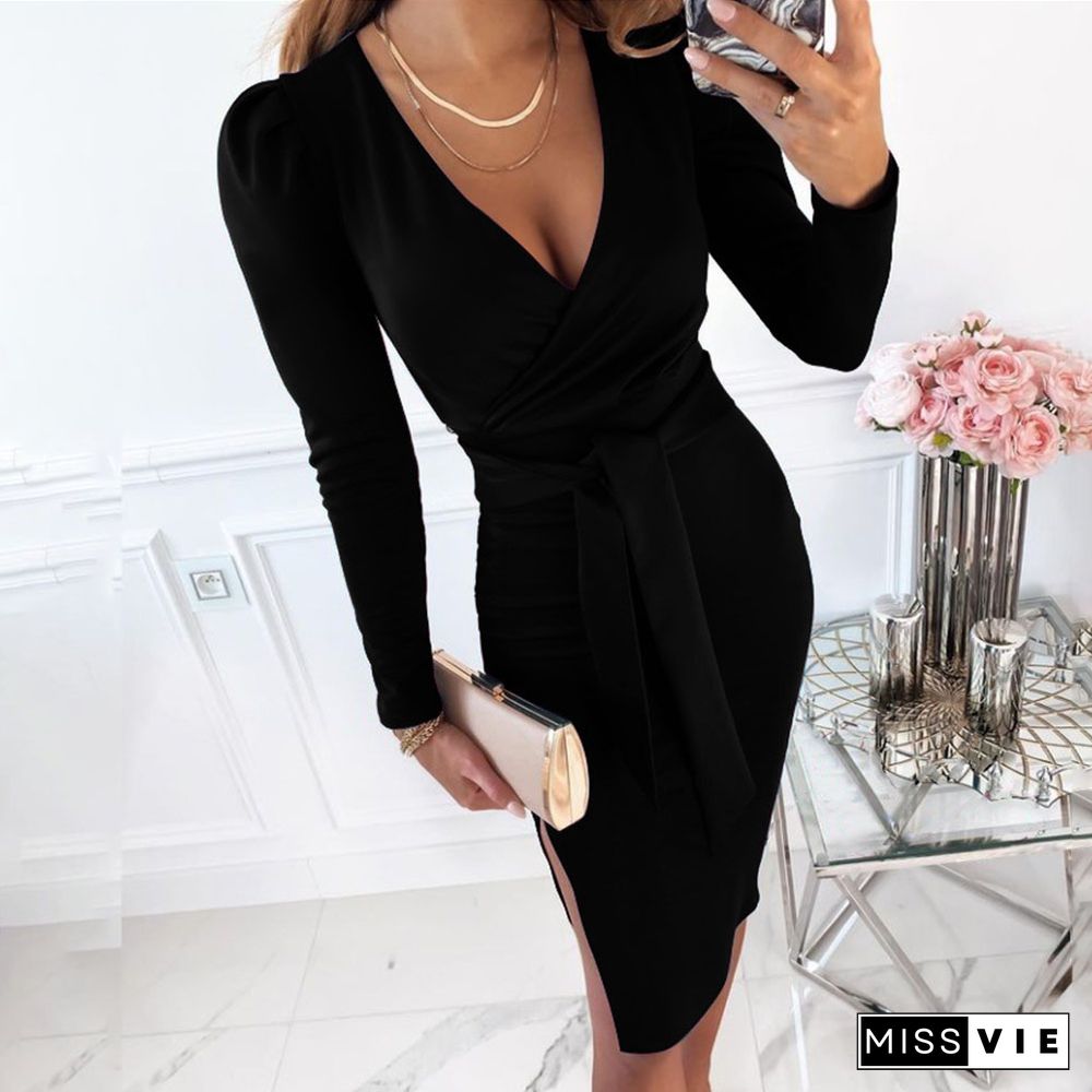 Autumn Deep V-Neck Slim Dress Office Ladies Casual Long Sleeve Solid Dress Women Elegant Sexy Split Party Dress Vestidos