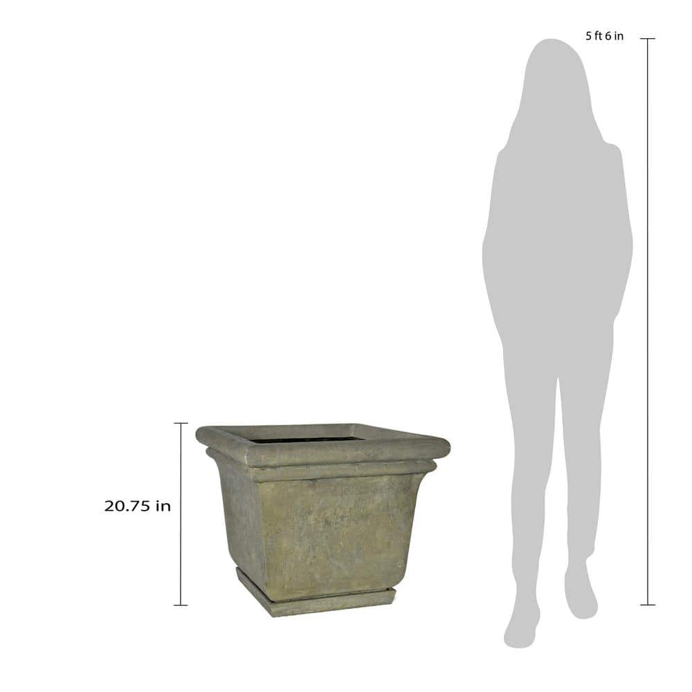 MPG 24 in. Square Cast Stone Fiberglass Planter with Attached Saucer in Aged Granite Finish PF5762AG