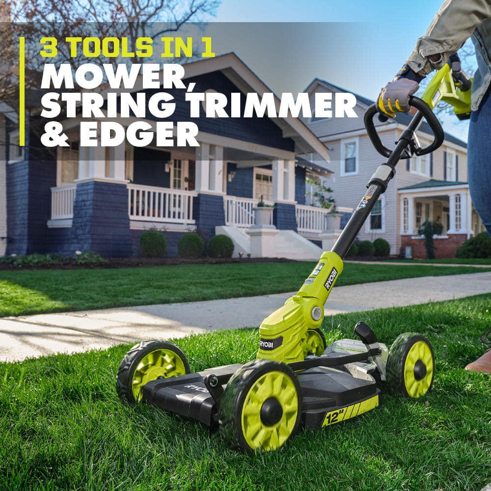 RYOBI ONE 18Volt 12 in Cordless 3in1 Trim Mower with Extra 3Pack of Spools 40 Ah Battery and Charger