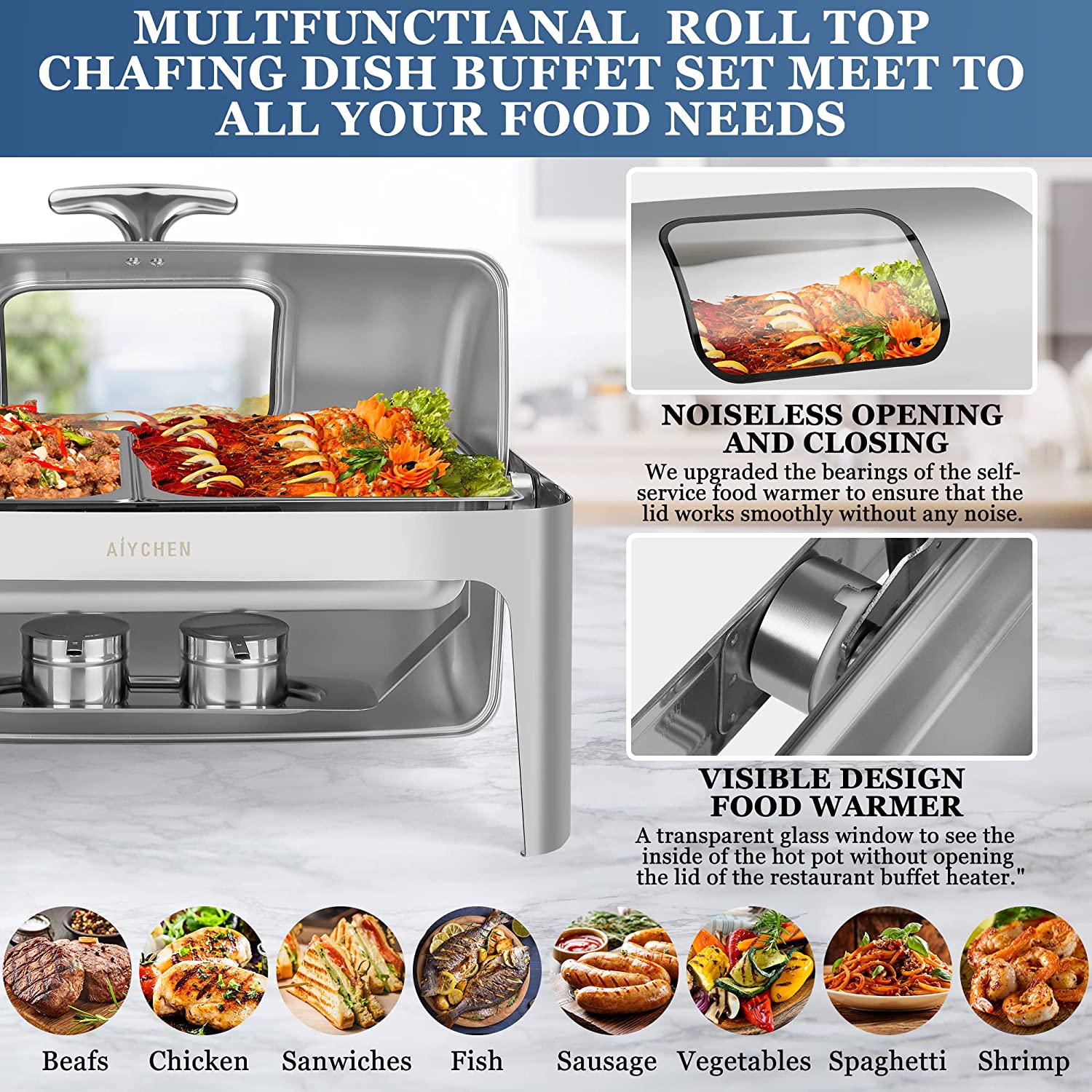 Lafati Luxury Chafing Dish Buffet Set: 9 QT Chafers and Buffet Warmers in High-Grade Stainless Steel with Gas Container， Visual Lid， Spoon， Temperature Control， for Exquisite Event Supplies (2 Pan)