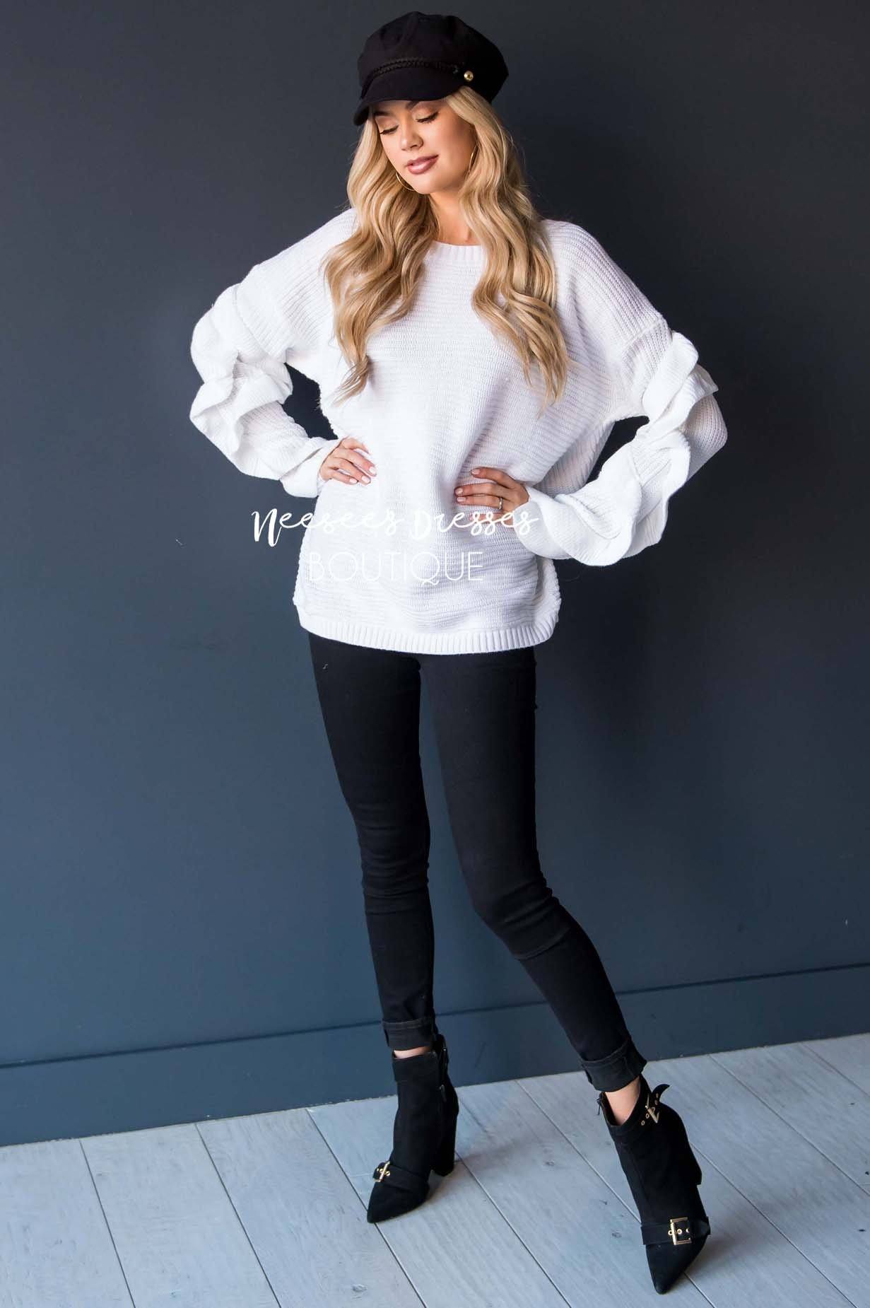 White Ruffle Sleeve Sweater