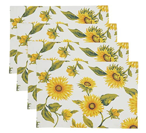 Fennco Styles Yellow Sunflower Print Placemats 13 W x 19 L， Set of 4 - Garden Floral Table Mats for Home Décor， Dining Table， Banquet， Everyday Use， Family Gathering and Special Occasion