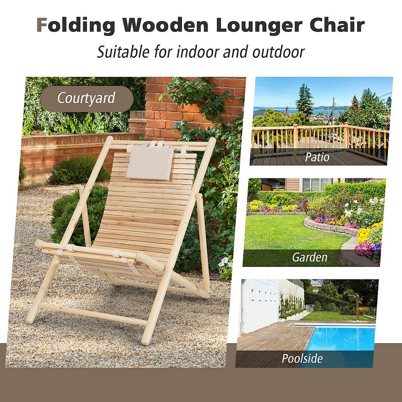 Solid Fir Wood Lounge Chair with 3-Level Adjustable Backrest and Soft Padded Headrest-Natural