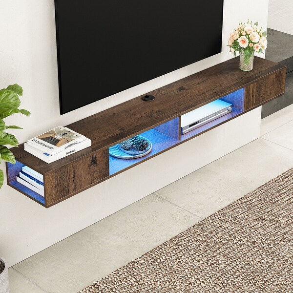 Floating Wall Mounted TV Stand with Storage， Brown， 70 Inch