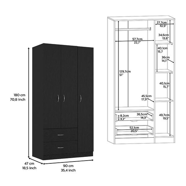 Bosko 3 Doors Armoire， 2 Drawers， 4 Shelves， Metal Rod - - 34518435