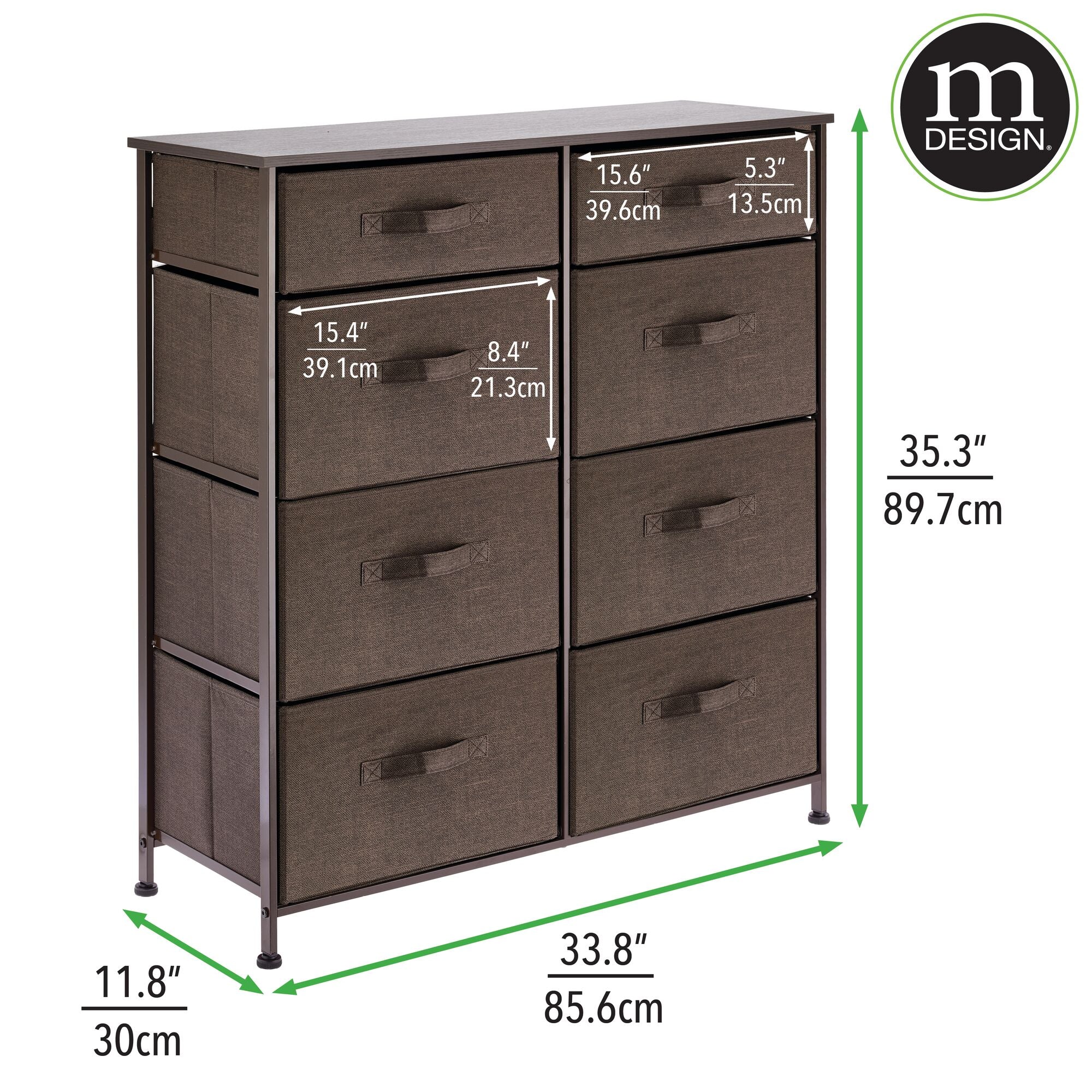 mDesign Tall Steel Frame/Wood Top Storage Dresser Furniture Unit with 8 Slim Removable Fabric Drawers, Large Bureau Organizer for Bedroom, Living Room, Closet - Lido Collection, Espresso Brown